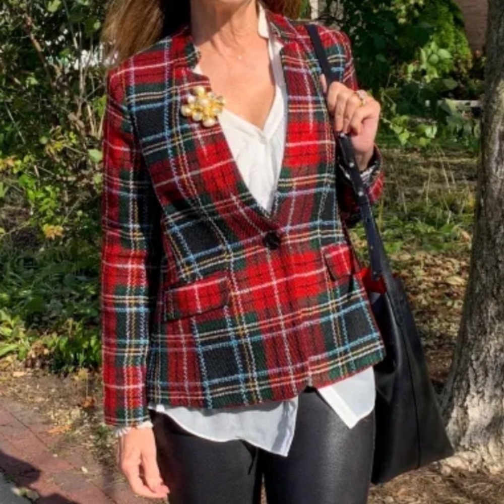 Appleseeds tartan red tweed plaid blazer jacket  size 12 P NEW
